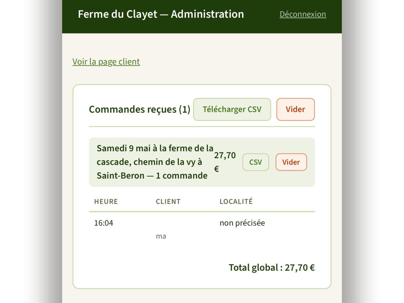 Liste des commandes reçues avec détail par créneau