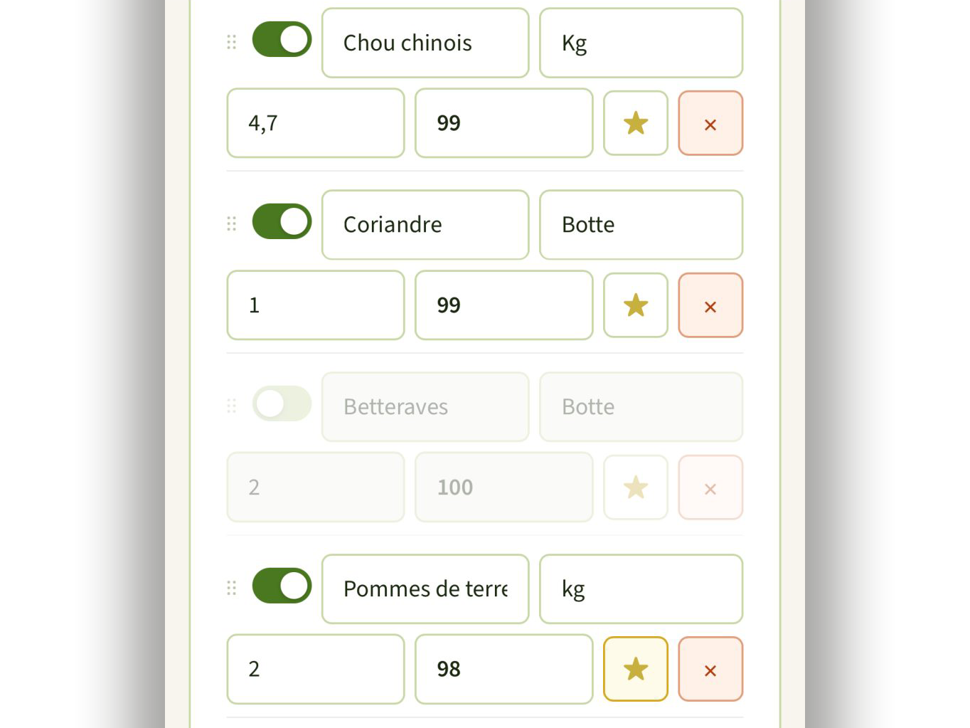 Interface d'administration — gestion des produits sur mobile