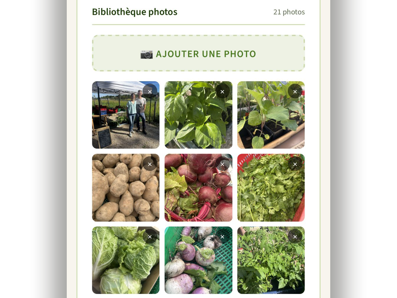 Page personnalisée avec les photos du producteur